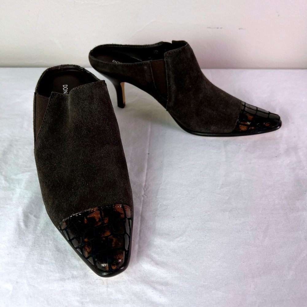 Donald J Pliner Lope Mules 8.5M Brown Suede Patent Cap Toe Kitten Heels
